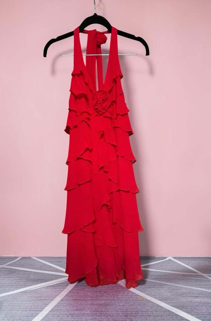 Vintage Y2K 100% Silk Cache Halter Maxi Dress Tiered Ruffle Rose Accent Size 8